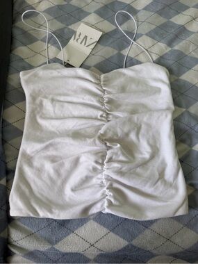 Zara White Ruched Top with spaghetti straps size M